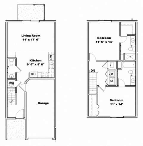 Floor plan for 2 beds, 2.5 baths, 1167 sqft